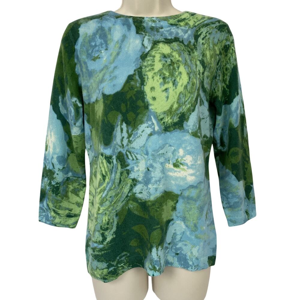 Talbots Pure Cashmere Sweater Womens Small Blue Green Floral Cottagecore NEW